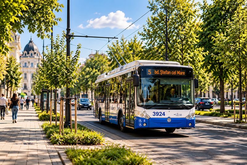 Trolleybus on a tree-lined boulevard in Chisinau