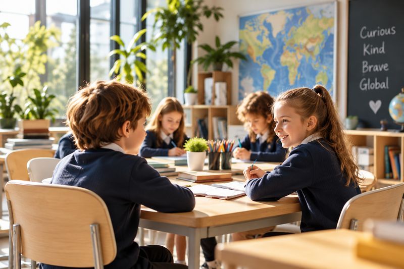 Children studying together in a bright classroom