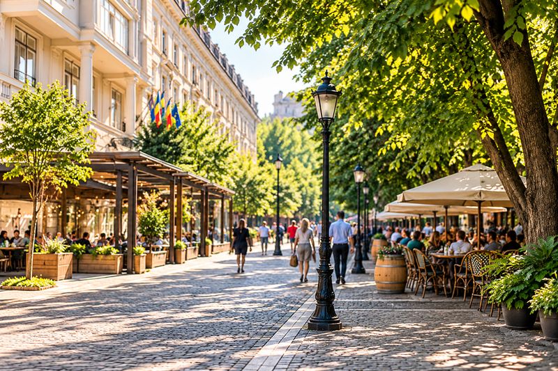 Tree-lined pedestrian street with cafes in central Chisinau